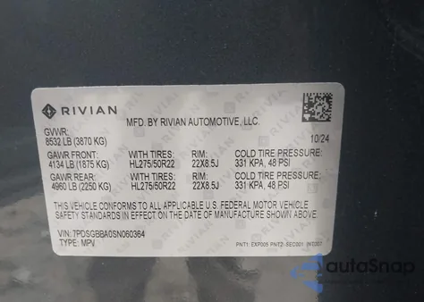 2025 Rivian R1S Adventure Dual Motor Large Pack/Adventure Dual Motor Max Pack from USA, damaged, VIN 7PDSGBBA0SN060364
